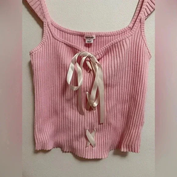 NWT - Urban Outfitters - Kimchi Blue - Pink Baby Doll Bow Ribbed Tank - Size L - Picture 2 of 8